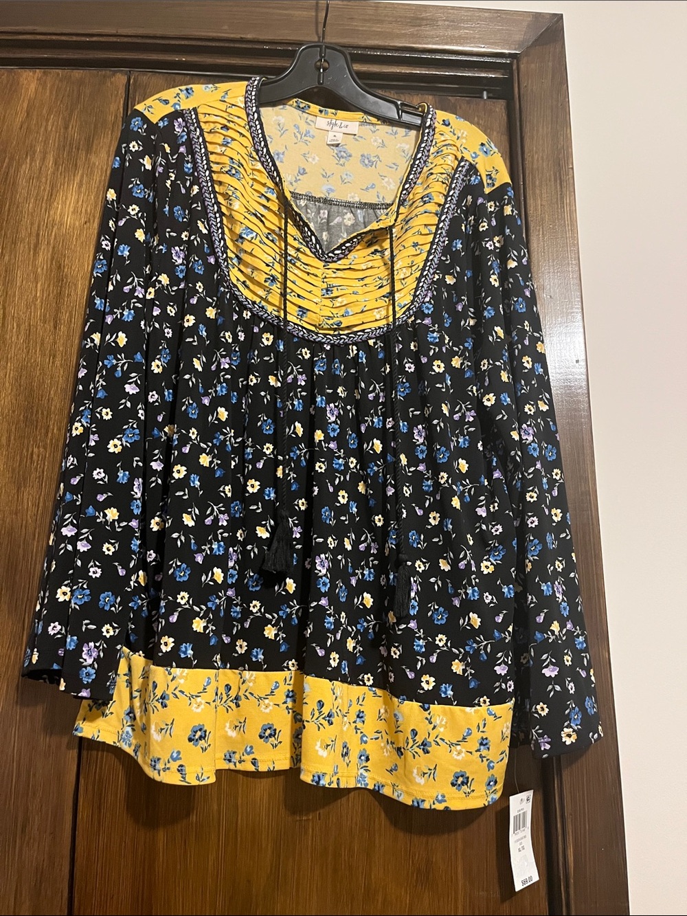 Style & Co. Black Floral Blouse with Yellow Yoke & Hem